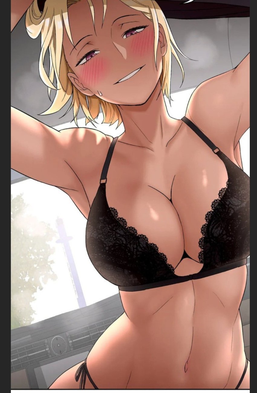 armpits artist_request big_breasts black_bra black_panties blonde_hair blush car_interior car_sex dashboard hips light-skinned_female light_blush looking_at_viewer seductive_smile slim