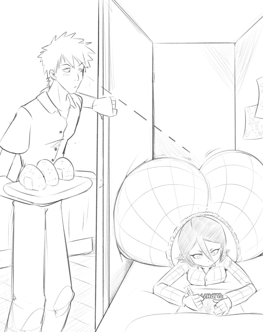 1boy 1girls ass_cleavage bed big_ass bleach bottom_heavy butt_crack closet drawing huge_ass hyper_ass ichigo_kurosaki kuchiki_rukia large_ass laying_down looking_at_ass narrow_shoulders open_door pajamas sketch sliph77 thin_arms