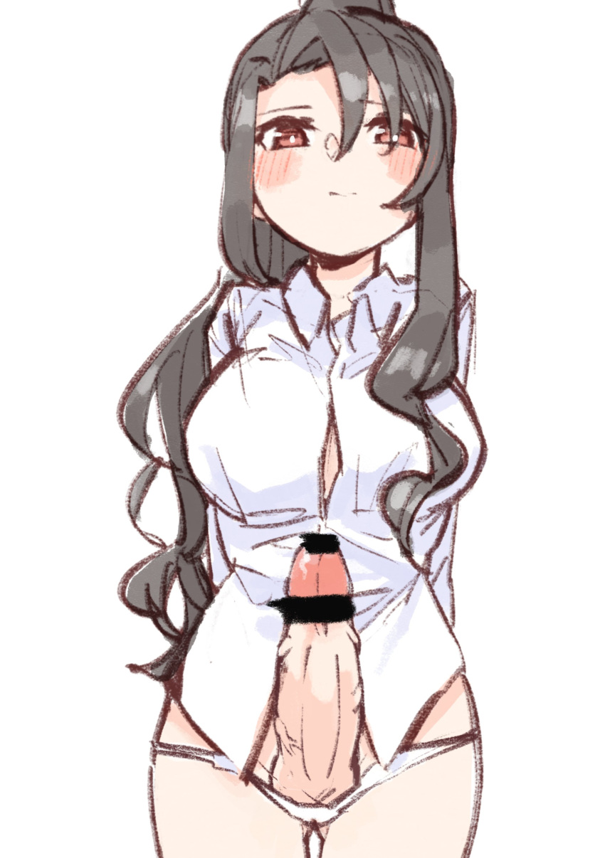 1futa absurdres akikaze_rui arms_behind_back ass_visible_through_thighs bangs bar_censor big_penis black_hair blush breasts bright_pupils button_gap censored closed_mouth clothed clothing collared_shirt cowboy_shot dress_shirt erection eyebrows_visible_through_hair female futa_only futa_sans_balls futanari goe_(g-o-e) hair_between_eyes high_ponytail highres human large_breasts large_penis light-skinned_futanari light_skin long_hair long_sleeves looking_at_viewer no_pants pale_skin panties partially_clothed penis penis_in_panties ponytail red_eyes shirt shoujo_kageki_revue_starlight shoujo_kageki_revue_starlight_-re_live- sidelocks simple_background solo standing underwear veins veiny_penis very_long_hair wavy_hair white_background white_panties white_pupils white_shirt