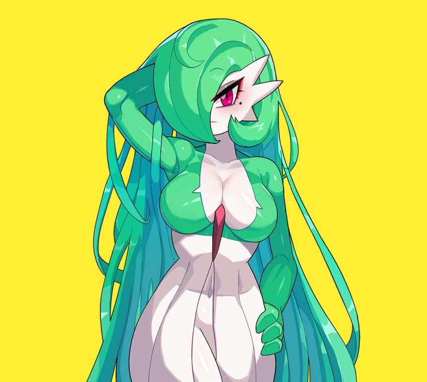 1girls 2021 big_breasts bob_cut breasts cleavage confident drunkoak female female_only gardevoir green_hair hair_over_one_eye long_hair navel nintendo pokémon_(species) pokemon pokemon_(species) pokemon_rse red_eyes solo solo_female tagme yellow_background