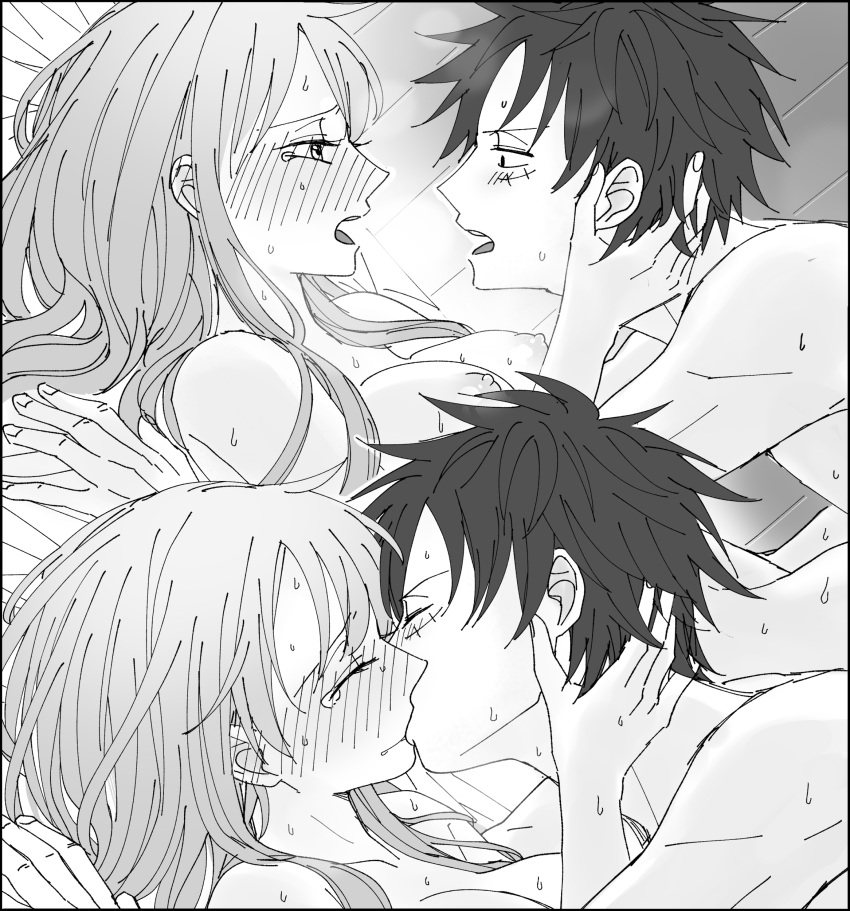 1boy 1boy1girl 1girls bed big_breasts black_hair blush breasts couple female french_kiss greyscale holding_head implied_sex kissing long_hair lying lying_on_back lying_on_person male monkey_d_luffy nami nipples nude one_piece oshicpume romantic scar short_hair straight sweat tears wholesome