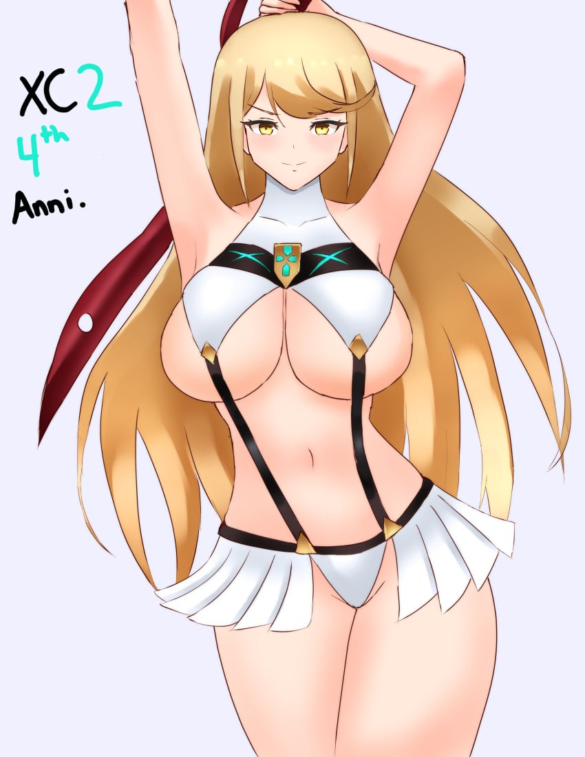 alternate_breast_size big_breasts blonde_hair blush clothing cosplay crossover huge_breasts kamui_(kill_la_kill) kill_la_kill mythra nintendo scissor_blade skirt suspenders tiredtorto xenoblade_(series) xenoblade_chronicles_2 yellow_eyes