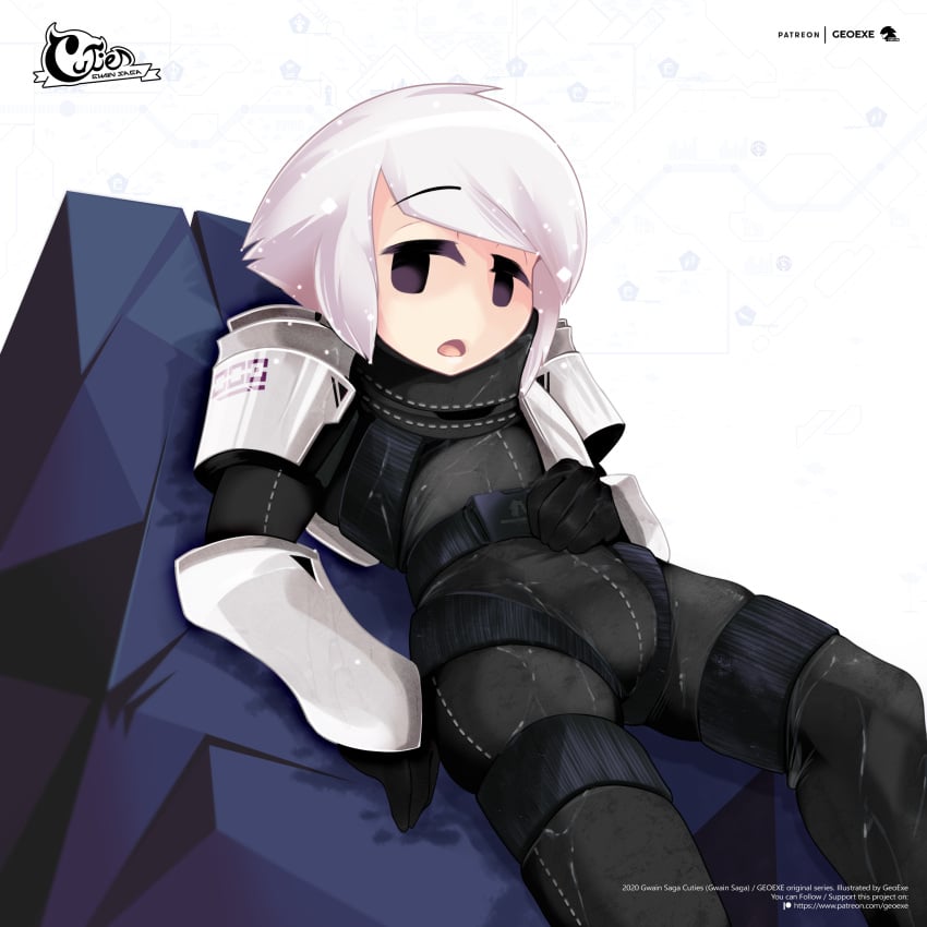 black_eyes bulge geo_(gwain_saga) geoexe geoexe_(artist) gwain_saga hand_on_torso looking_at_viewer male male_only open_mouth patreon_only_post thigh_strap thigh_straps wet_clothes wet_clothing wet_hair white_hair