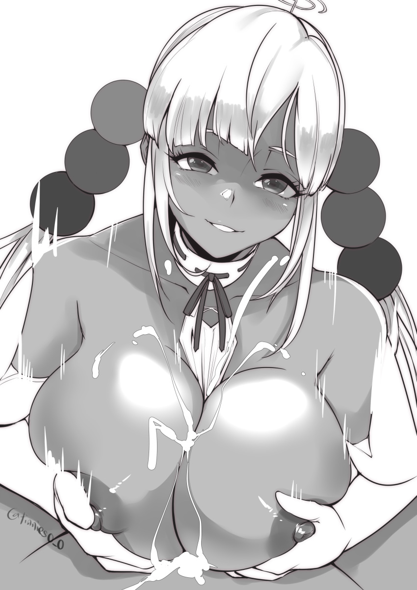 1boy absurdres bangs between_breasts blunt_bangs blush breast_squeeze breasts collarbone cum detached_collar ejaculation elbow_gloves eyelashes female gloves greyscale highres hololive hololive_english hololive_english_-council- large_breasts limiter_(tsukumo_sana) looking_at_viewer monochrome neck_ribbon necktie nipples paizuri parted_lips planet_hair_ornament pov pov_crotch projectile_cum ribbon short_necktie sidelocks smile solo_focus straight tinnies tsukumo_sana twintails upper_body virtual_youtuber