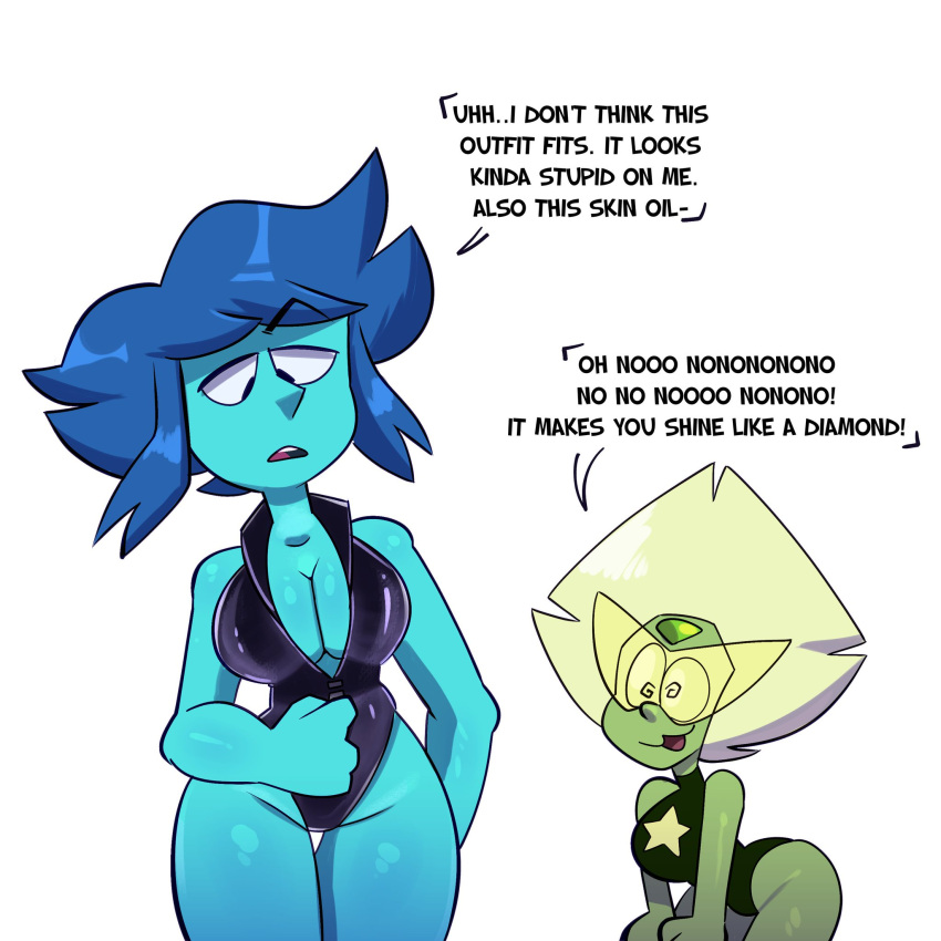 2girls dialogue english_text front_zipper_swimsuit lapis_lazuli_(steven_universe) leotard one-piece_swimsuit peridot_(steven_universe) steven_universe sweetdandy swimsuit tagme visor white_background