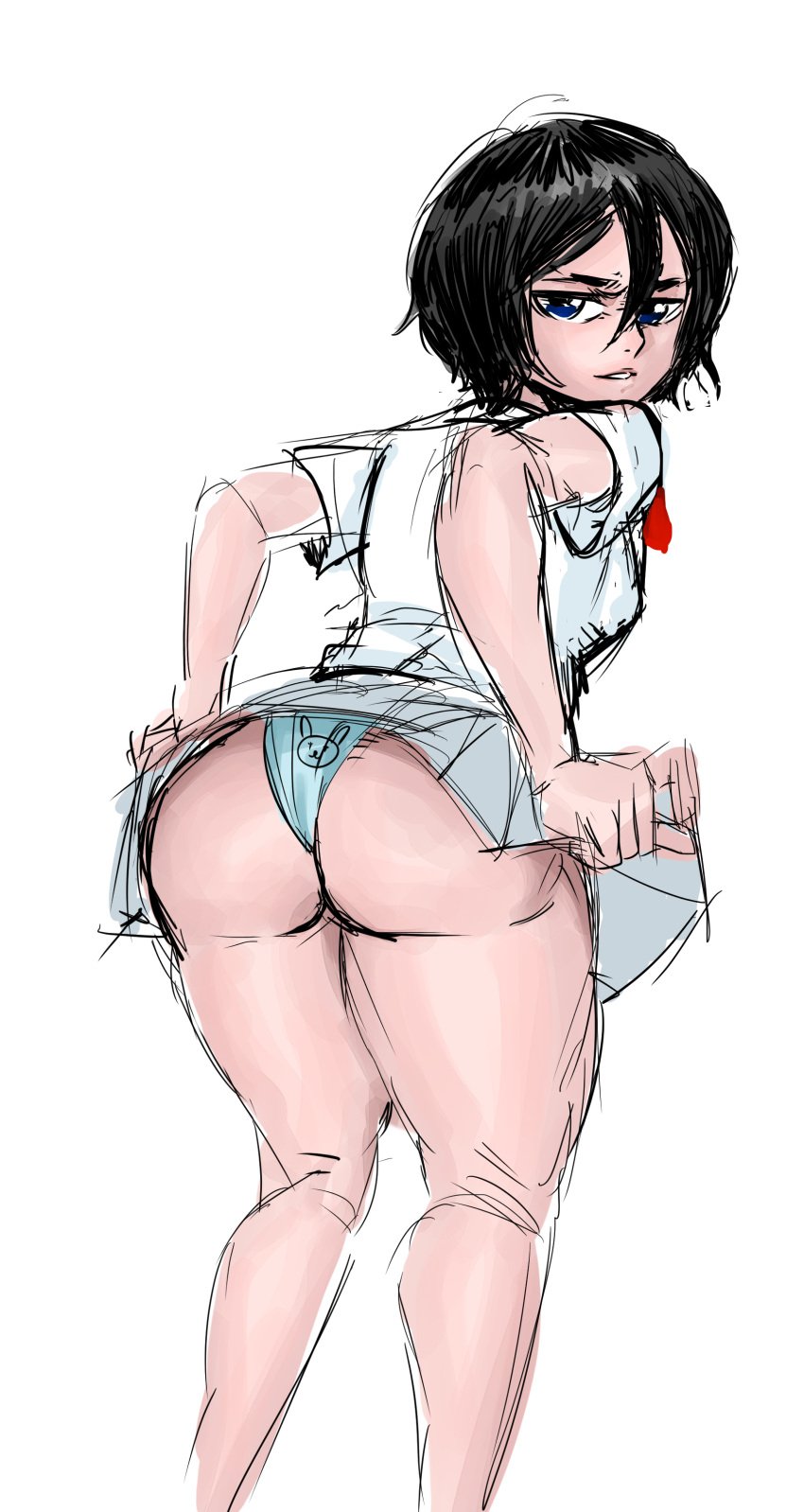 1girls ass big_ass big_butt black_hair bleach doodle edit eye_contact female g-string kuchiki_rukia lace-trimmed_panties looking_at_viewer looking_back medium_breasts p-shinobu panties shinobupp short_hair skirt skirt_lift small_breasts solo standing thick_thighs thighs