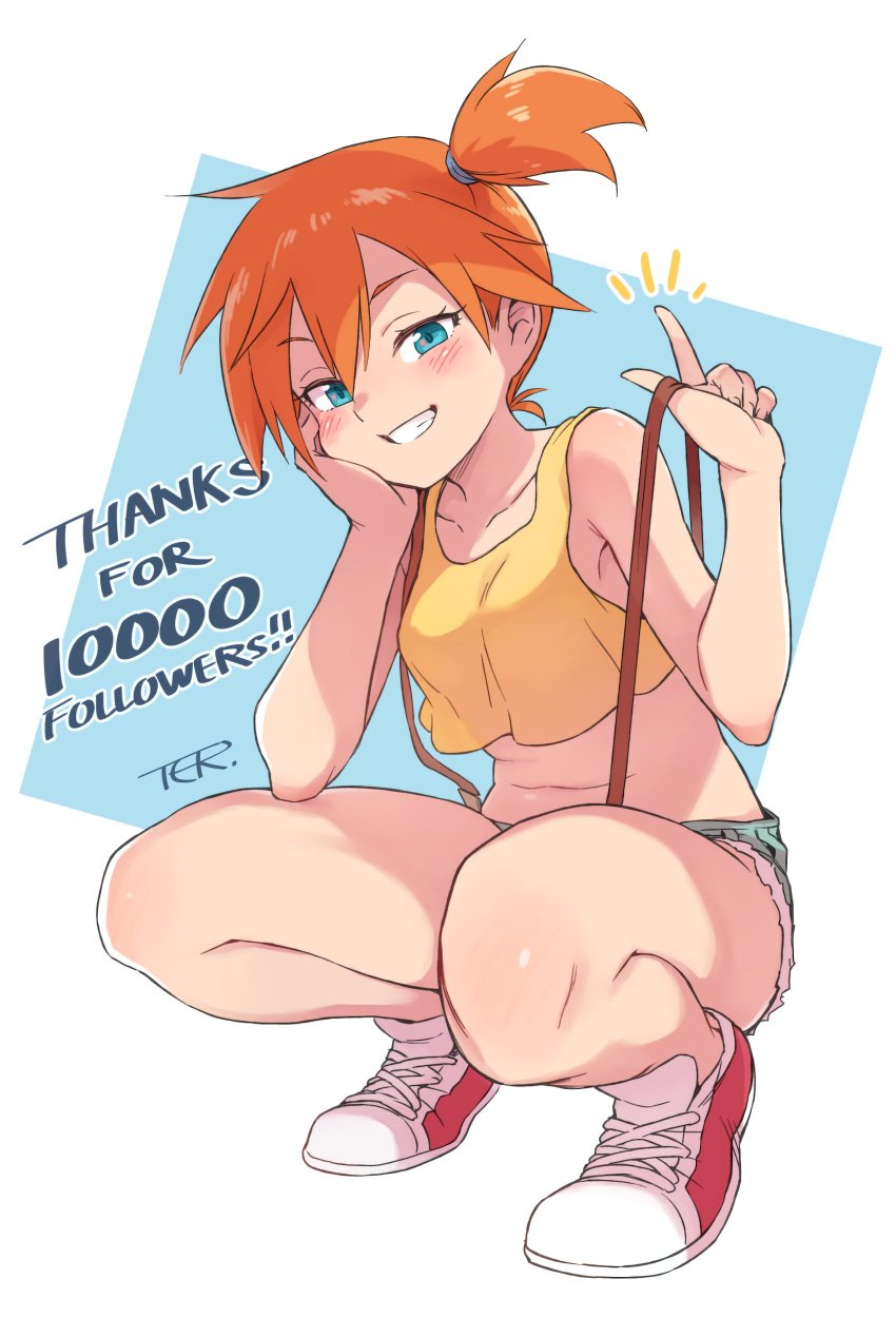 1girls armpits bare_shoulders blue_eyes blush breasts clothed cutoffs denim denim_shorts eyelashes female female_only grin gym_leader human human_only kasumi_(pokemon) looking_at_viewer midriff misty_(pokemon) navel nintendo one_eye_closed orange_hair pokemon pokemon_rgby shiny shiny_hair short_hair short_shorts shorts side_ponytail small_breasts smile solo standing suspenders sweat teeth text toku_(ke7416613) white_background wink