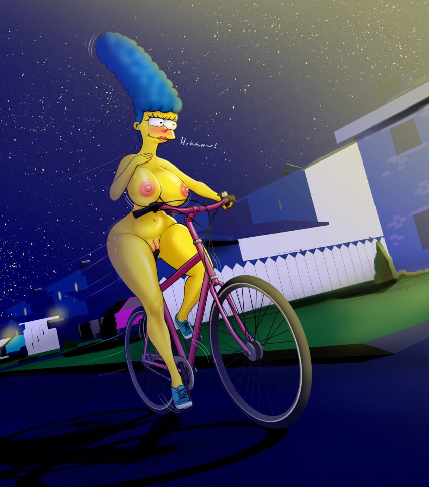 1girls alternate_breast_size bicycle blue_hair breasts casual cleavage dixieduckart exhibitionism female female_only huge_breasts human large_breasts marge_simpson milf naked_bike nude pale_skin public pussy sex solo the_simpsons wide_hips yellow_body yellow_sclera