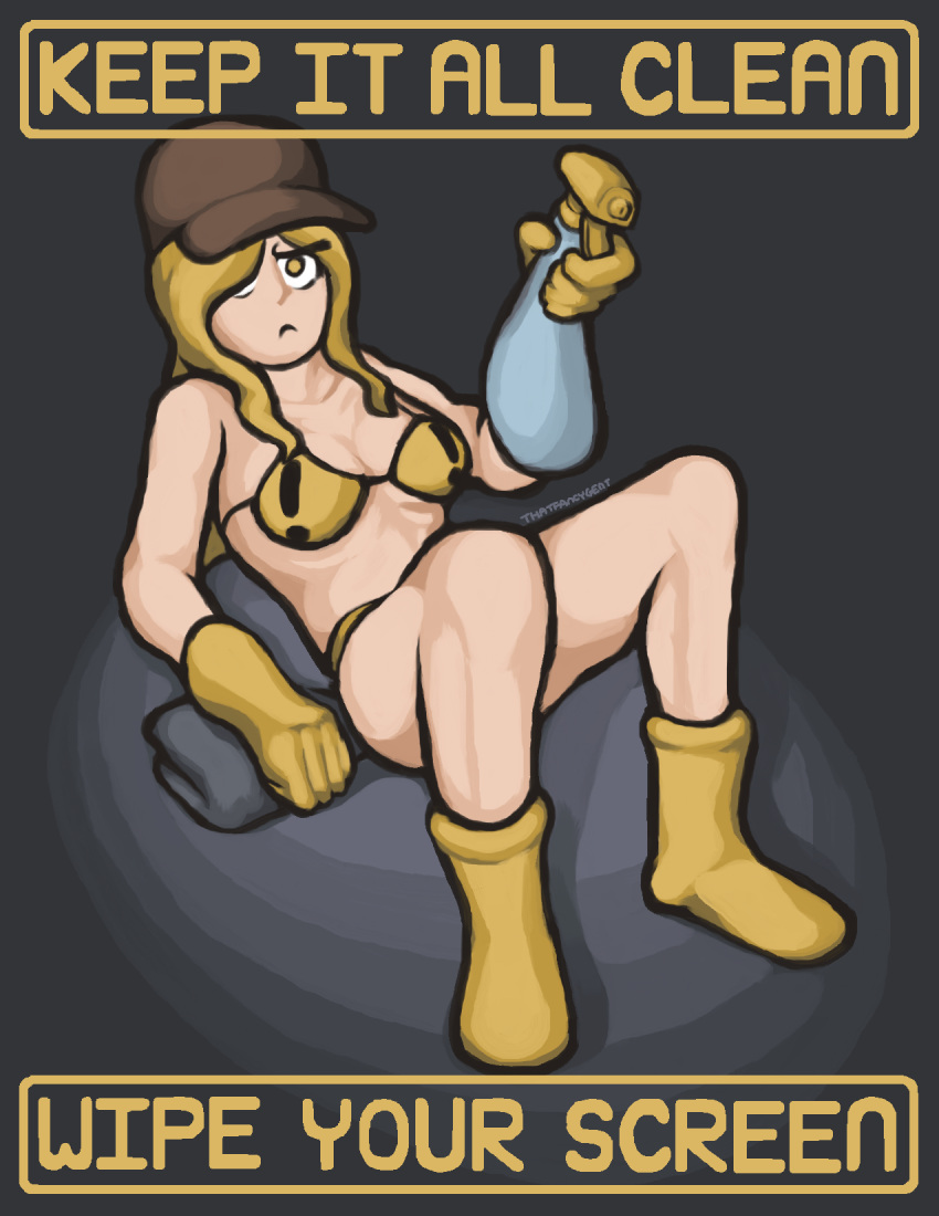 bikini blonde_hair boots breasts cleaning_tool female gloves grey_background hat legs_apart looking_at_viewer on_floor original_character poster spray_bottle thatfancygent yellow_clothing yellow_eyes