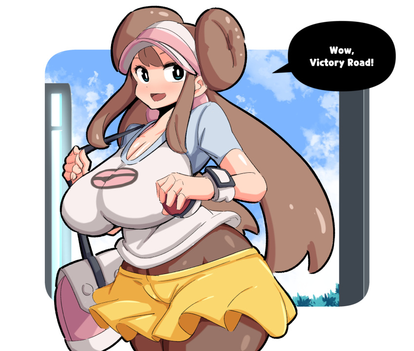 1girls alternate_breast_size bag big_breasts breasts busty chubby clothed clothing clouds curvy dialogue female female_only gullible hair_bun huge_breasts human human_only large_breasts legwear long_hair looking_at_another nintendo open_mouth pantyhose poke_ball pokemon rosa_(pokemon) shirt skirt sky smile solo solo_female talking text thick_thighs thighs twintails visor_cap woohyoot