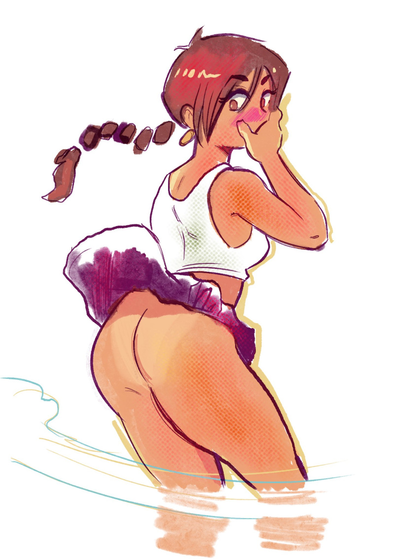 ass aubrey_(sea_legs) embarrassed freckles ndasfw red_hair sea_legs skirt_up tan_skin tank_top tanline thick_thighs