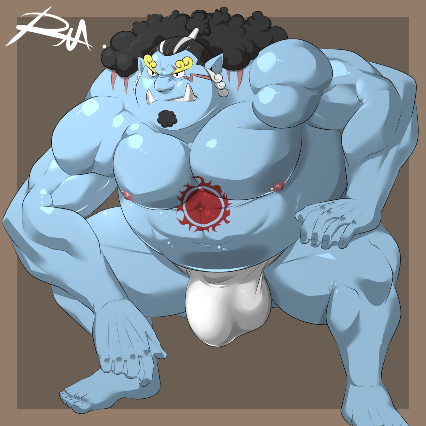 2021 anthro asian_clothing belly blue_body bulge clothing east_asian_clothing fish-men_(one_piece) flaccid fundoshi genital_outline hi_res japanese_clothing jinbe male male_only marine moobs muscular muscular_male nipples one_piece overweight overweight_male penis_outline reclamon solo solo_male tattoo underwear white_clothing white_fundoshi white_underwear