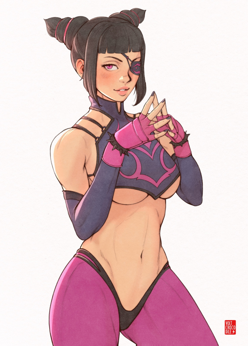 1girls bangs black_hair blunt_bangs blush bracelet breasts capcom clothed cowboy_shot detached_sleeves drill_hair eye_patch eyeliner female female_only halterneck human juri_han large_breasts looking_at_viewer midriff nail_polish navel parted_lips pink_eyes purple_nails sidelocks simple_background smile solo spiked_bracelet steepled_fingers street_fighter street_fighter_iv street_fighter_v thick_thighs toned toned_female twin_drills underboob volt_crocodile watermark white_background