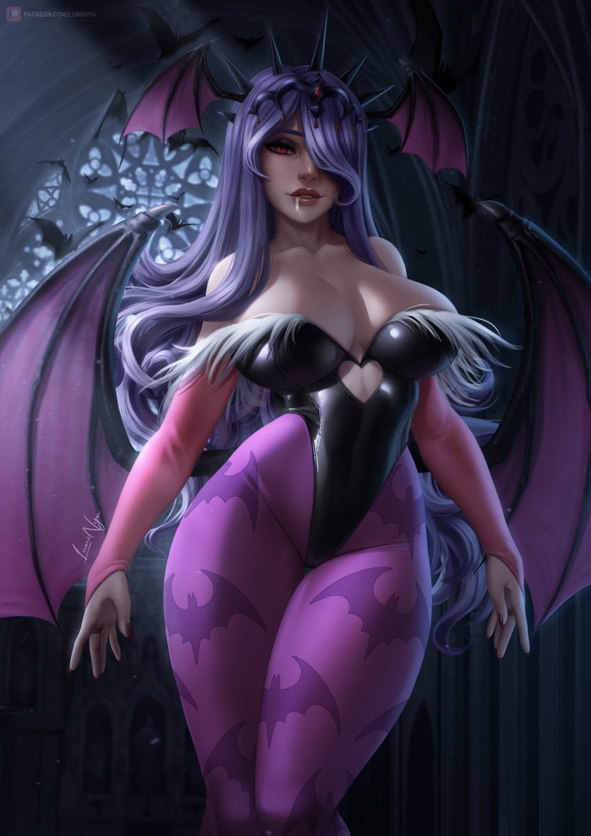 1girls animal_print arms_at_sides bare_shoulders bat bat_wings bats big_breasts breasts bridal_gauntlets camilla_(fire_emblem) cleavage clothing clothing_cutout collarbone cosplay cum cum_drip cum_dripping cum_dripping_down_chin cum_in_mouth cum_on_face curly_hair curvy darkstalkers elbow_gloves female female_only fire_emblem fire_emblem_fates gloves gumroad_logo gumroad_username hair_ornament hair_over_one_eye hartman_hips head_wings heart_cutout highleg highleg_leotard highres hips indoors large_breasts legs_together leotard lips long_hair looking_at_viewer luminyu medium_breasts mole mole_on_breast morrigan_aensland morrigan_aensland_(cosplay) nail_polish nintendo pantyhose parted_lips patreon_logo patreon_username print_legwear purple_gloves purple_hair purple_wings red_eyes red_nails smile solo solo_female standing strapless strapless_leotard thick_thighs thigh_gap thighs thunder_thighs tiara tight_clothing twitter_logo twitter_username vampire very_long_hair video_game video_game_character video_games voluptuous web_address white_skin wings