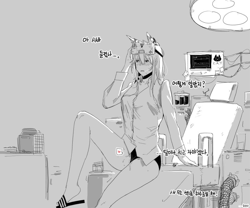 animal_ears blush cat_ears chair collared_shirt dress_shirt extra_ears female girls'_frontline greyscale highres huqu korean_text long_sleeves monochrome panties parted_lips persica_(girls'_frontline) pussy_juice shirt sitting slippers solo translation_request