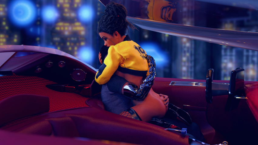 1boy 1boy1girl 1girls 3d 3d_(artwork) backdrop brown_hair car car_interior car_sex clothed clothed_male clothed_male_nude_female cow_girl cowgirl_position cybernetic_arm cybernetics cyberpunk cyberpunk_2077 dark-skinned_female dark_skin embrace embracing female male nude nude_female panam_palmer pleasure_face randomfarmer sci-fi scifi unseen_male_face