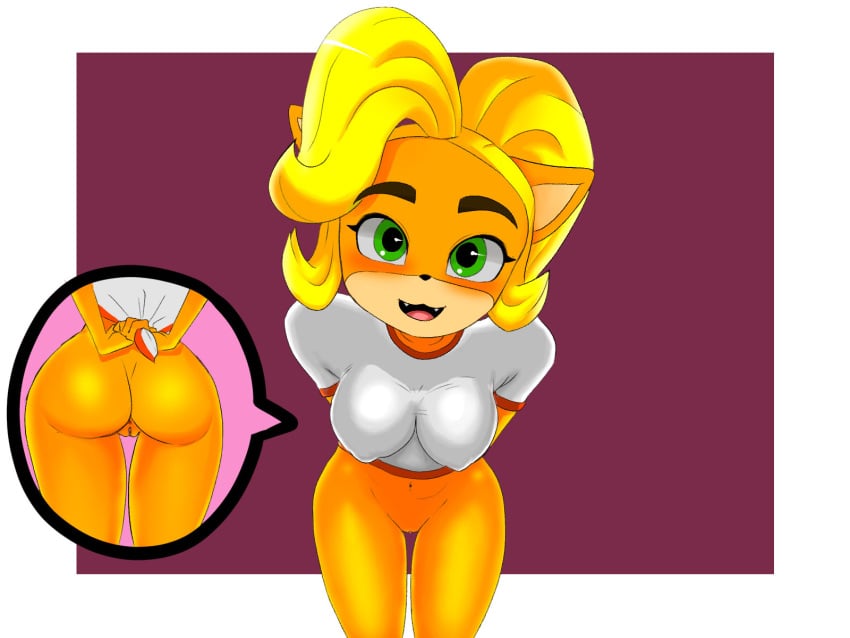 anthro ass blonde_hair breasts coco_bandicoot crash_(series) erect_nipples ezpzzz fur furry green_eyes looking_at_viewer ponytail pussy shirt smile video_games