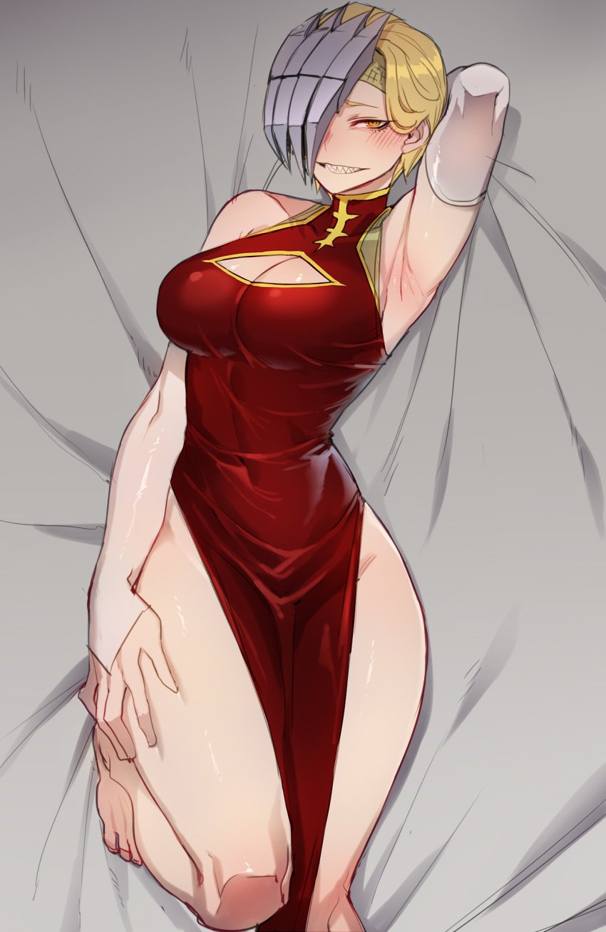 1girls arm_up armpits blonde_hair blush boob_window china_dress chinese_clothes cleavage clothed dress female hair_over_one_eye light-skinned_female light_skin looking_at_viewer my_hero_academia on_back pale-skinned_female pale_skin ratatatat74 ryuukyuu short_hair smile solo tatsuma_ryuuko thick_thighs very_short_hair yellow_eyes