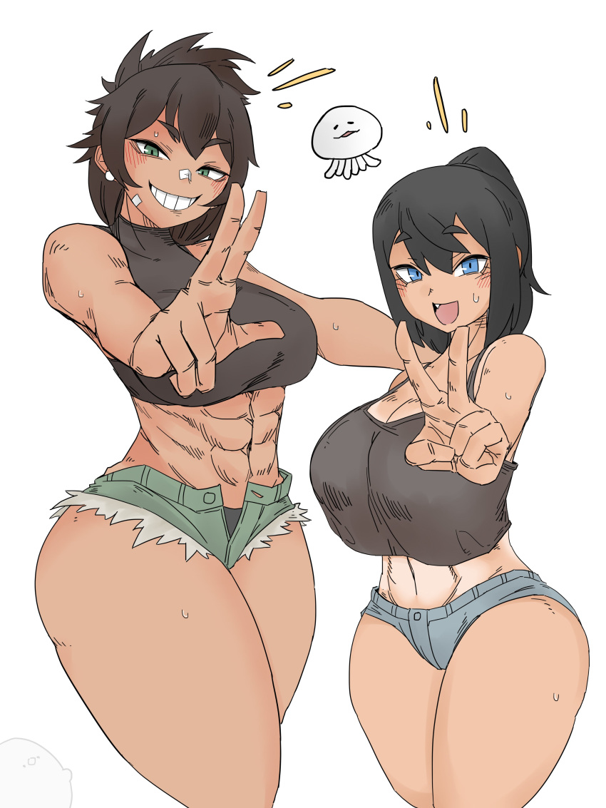 2girls abs bamman big_breasts big_breasts big_breasts blue_eyes breasts breasts breasts green_eyes midriff muscles muscular muscular_female peace_sign short_hair shorts smiling sweat sweatdrop tank_top