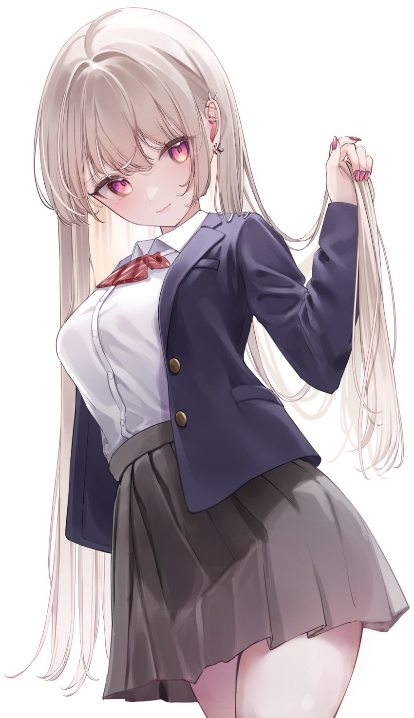 1girls blazer blue_jacket blush breasts collared_shirt ear_piercing female grey_hair grey_skirt highres jacket large_breasts long_hair looking_at_viewer nail_polish original piercing pink_eyes pink_nails red_ribbon ribbon school_uniform shirt simple_background skirt solo tented_shirt thighs very_long_hair white_background white_shirt yayoi_(yay0ee)