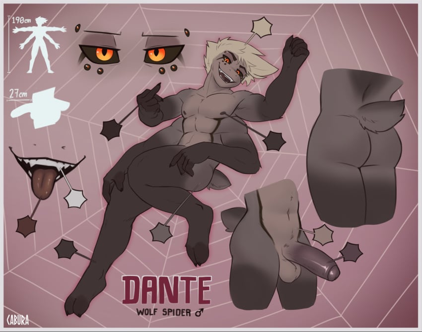 2_toes 4_arms anthro arachnid araneomorph arthropod ass blonde_hair cabura dante_(cabura) english_text erection fangs feet foreskin genitals gesture grey_body hair hand_gesture humanoid_genitalia humanoid_penis male middle_finger model_sheet multi_arm multi_limb muscular muscular_anthro muscular_male nipples non-mammal_nipples orange_eyes penis smile solo spider tail teeth text toes tongue tongue_out uncircumcised wolf_spider