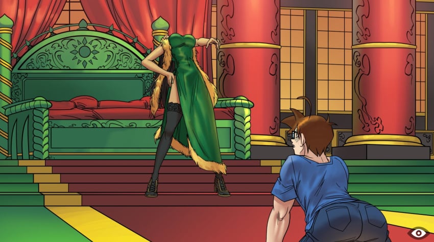 1boy artist_request ass bed blonde_hair blue_shirt boa_hancock breasts brown_hair cg china_dress chinese_clothes clothing curtains denim dress feather_boa female from_behind garter_belt green_dress hand_on_own_hip hat hentai_heroes hero_(hentai_heroes) high_heels indoors kinkoid lace-trimmed_legwear large_breasts legs long_hair male muscular official_art one_piece pants parody pillow shirt shoes short_hair shtupra_(hentai_heroes) sword t-shirt thighhighs