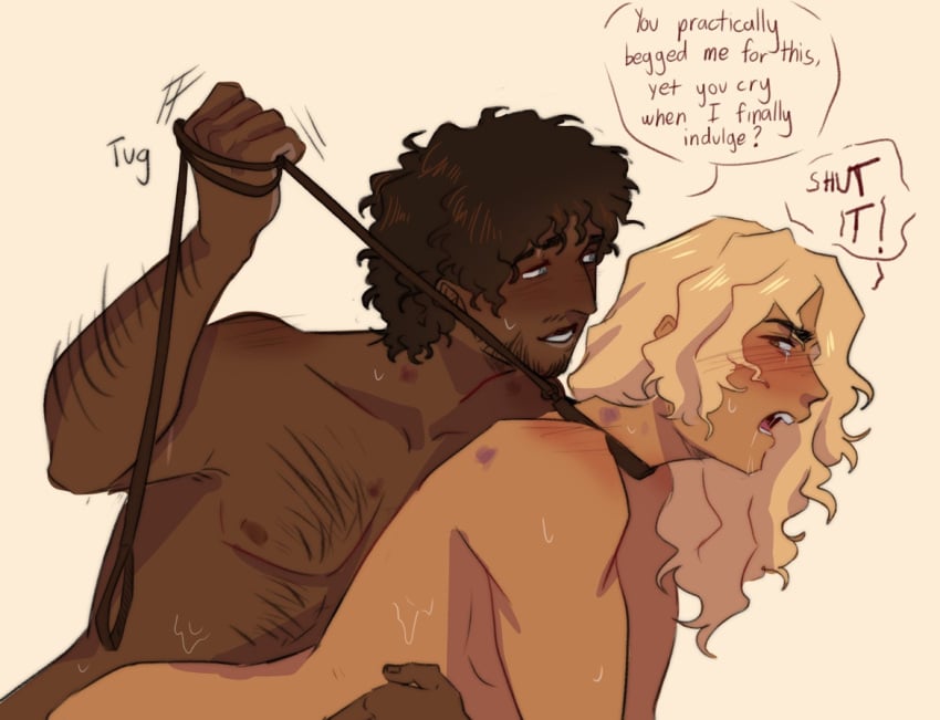 achilles blonde_hair blush brown_hair censored choking collar embarrassed gay gay_sex greek_mythology helpless hickey hickey_marks homosexual iliad justvea neck_tied patroclus restrained restrained_neck teasing tied_neck trojan_war two_boys two_men