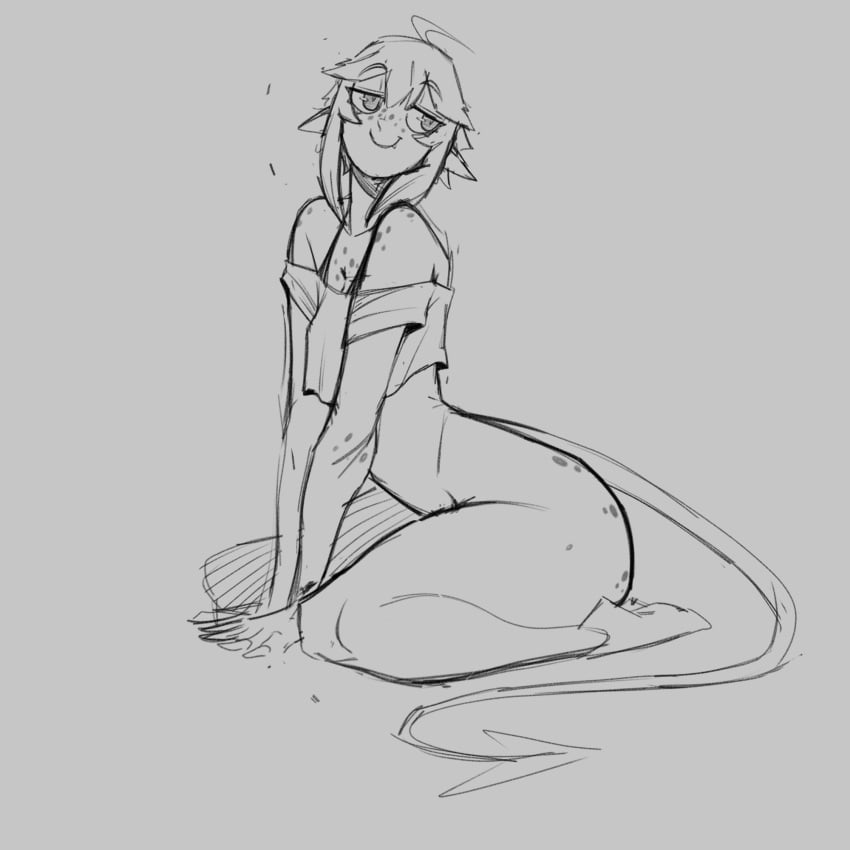 bottomless demon_tail female freckles oerba_yun_fang off_shoulder original_character pointy_ears shimmy_sham short_hair smug thick_thighs
