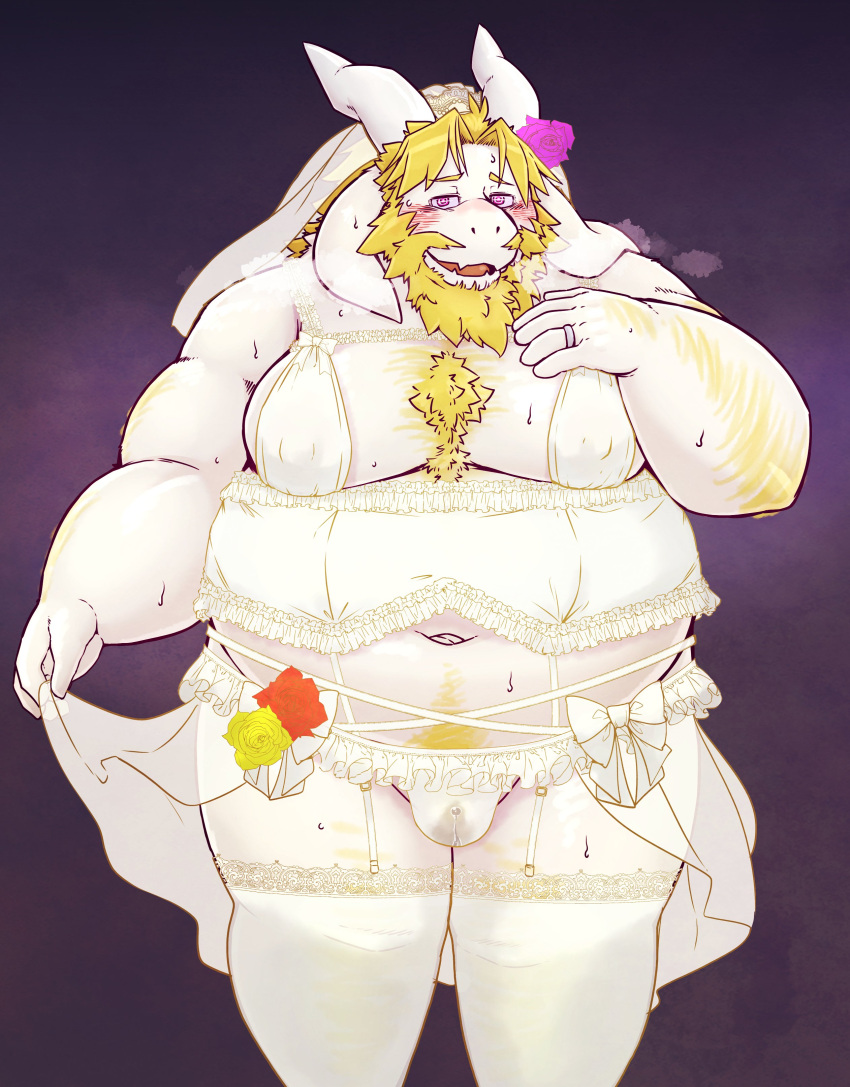 absurd_res anthro asgore_dreemurr belly blonde_hair blush bodily_fluids body_hair bovid bulge caprine chest_hair chiro_(artist) clothed clothing crossdressing embarrassed floppy_ears garter_straps goat hair hairy_arms hi_res horn legwear lingerie looking_at_viewer male mammal moobs navel overweight panties pubes solo stockings sweat thong undertale_(series) underwear