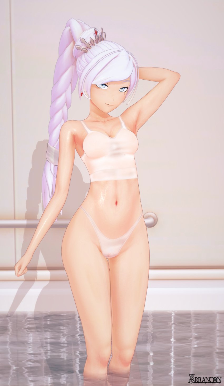 1girls arrancon blue_eyes female half-dressed half_naked_female ponytail rwby scar_across_eye see-through see-through_clothing weiss_schnee white_hair white_hair_female