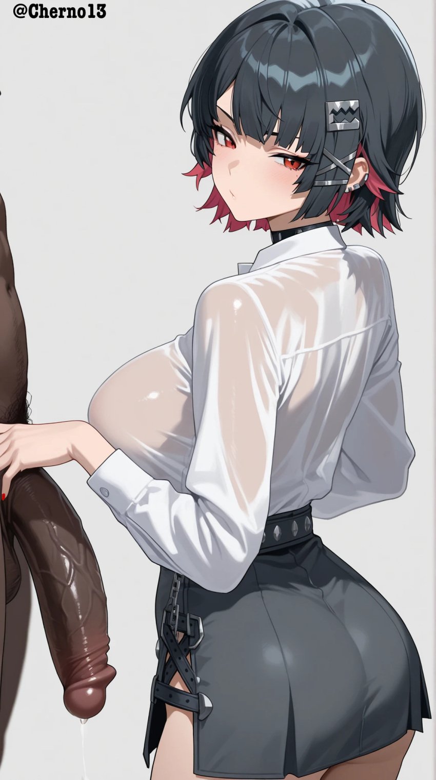 1girls 2d_(artwork) ai_assisted ai_generated black_hair cherno13 curvy_ass curvy_body dark-skinned_male digital_drawing_(artwork) digital_media_(artwork) e-girl ellen_joe female goth_girl handjob happiness hi_res highres horny_female hoyoverse interracial love love_making mihoyo miniskirt pierced_ear provocative red_eyes seductive seductive_pose sexy_body sexy_pose snuggle teasing teasing_penis uncensored zenless_zone_zero zzz