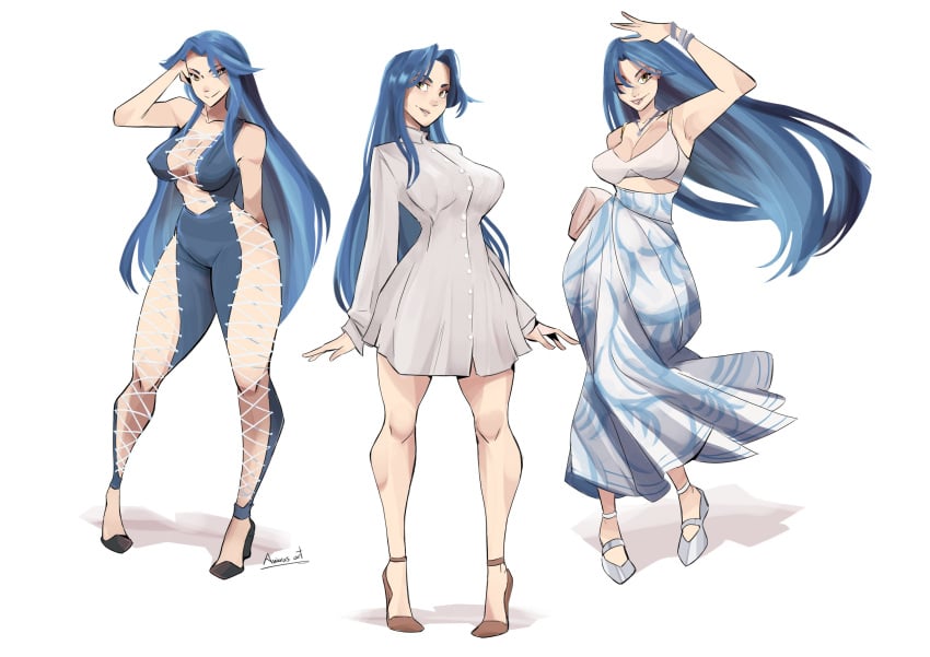1girls alternate_costume artist_name aviara blue_hair bodysuit breasts city_of_secrets cleavage dress emma_(city_of_secrets) heels large_breasts long_hair long_skirt skirt white_background yellow_eyes