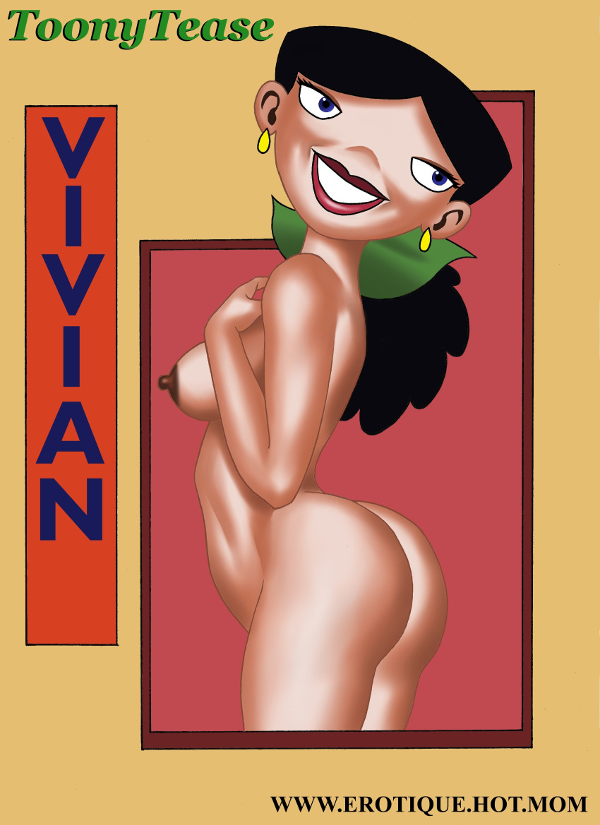 1girls ass black_hair blue_eyes breasts earrings erect_nipples female female_only medium_breasts milf nipples nude phineas_and_ferb pinup smile solo toonytease vivian_garcia-shapiro