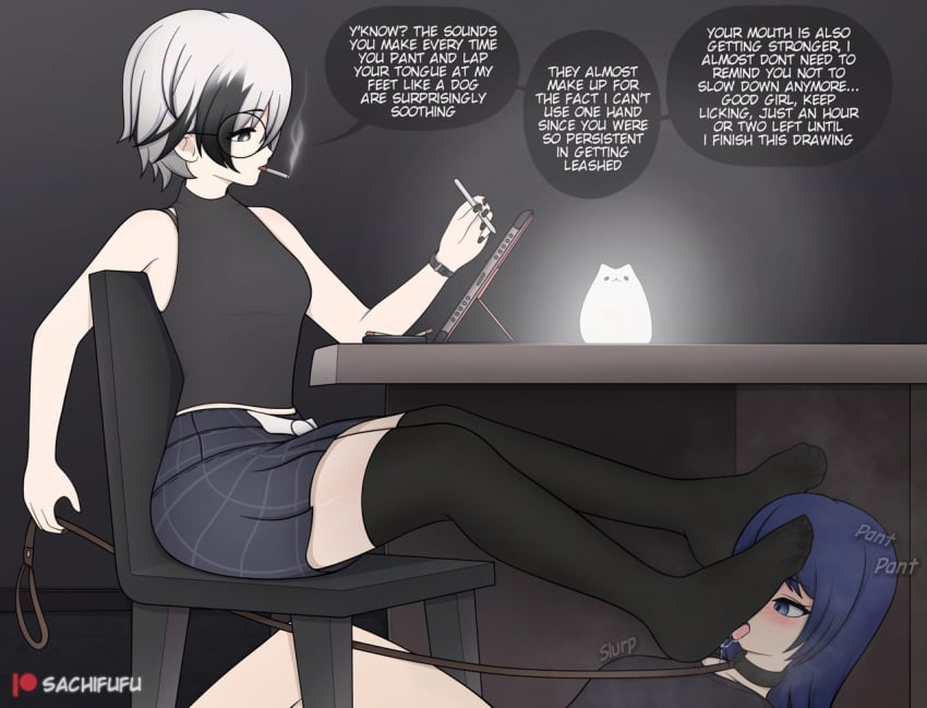 2girls black_clothing black_stockings blue_hair character_request clothed clothed_female drawing drawing_tablet drinking_sweat feet feet feet_focus female female_only foot_fetish foot_lick foot_licking human leash licking licking_feet licking_foot licking_sweat obedient on_leash panting sachifufu shoes_removed sitting skirt slurping smoking smoking_cigarette steam steamy steamy_feet stockings sweat sweating sweaty_feet under_the_table white_hair