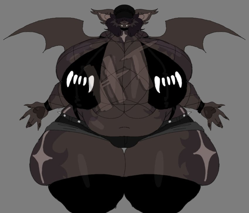 1girls anthro armwear ass ass_bigger_than_head bat bat_girl bat_wings big_ass big_breasts big_butt breasts breasts_bigger_than_head chiropteran clothing curvaceous curvy curvy_figure female female_only fishnet_armwear fishnet_topwear furry grey_background hair_over_eyes hat heavensthroat huge_ass huge_breasts hyper_ass hyper_breasts mostly_clothed shorts solo solo_female thick_thighs voluptuous voluptuous_female wide_hips wings