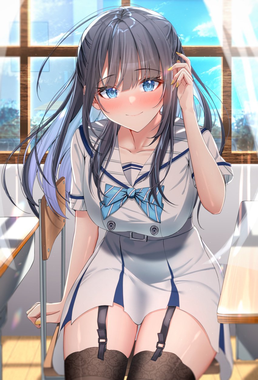 1girls absurdres black_garter_straps black_hair black_thighhighs blue_bow blue_bowtie blue_eyes blush bow bowtie closed_mouth collarbone garter_straps highres indoors kunimine_yuzuki long_hair looking_at_viewer nail_polish original shirt short_sleeves sitting skirt smile solo thighhighs thighs white_shirt white_skirt yellow_nails
