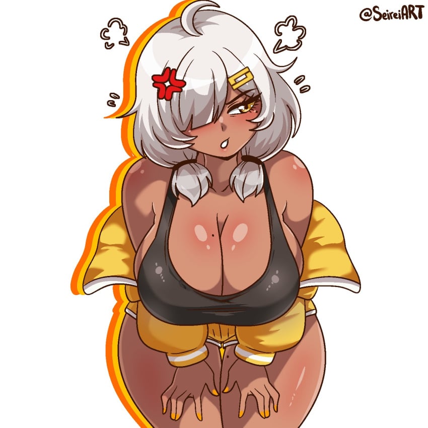 1girls ahoge anger_vein angry annoyed artist_name big_breasts breasts cleavage clothed_female dark-skinned_female female hair_over_one_eye jacket mole mole_on_breast mole_on_thigh oc original original_character seireiart solo solo_female tank_top thick_thighs thighs tiana_(seireiart) watermark white_background white_hair yellow_eyes
