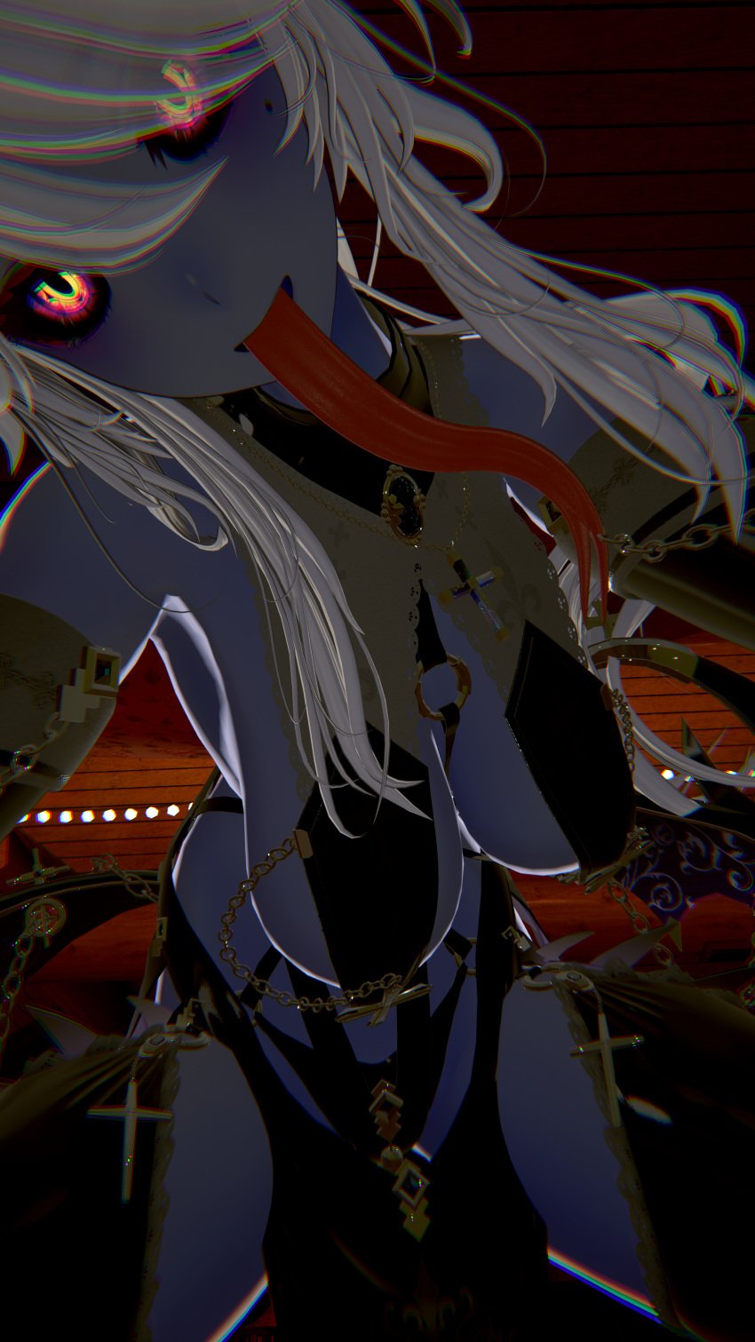 bedroom blue_body glowing_eyes long_tongue looking_at_viewer pov succubus succubus_horns vrchat vrchat_avatar vrchat_model white_hair