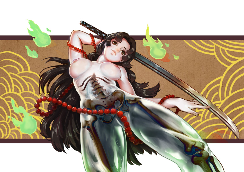 bones katana lips long_hair medium_breasts muramasa_the_demon_blade nude oboro_muramasa pose see-through_body skeleton torahime_(muramasa) x-ray yangzheyy