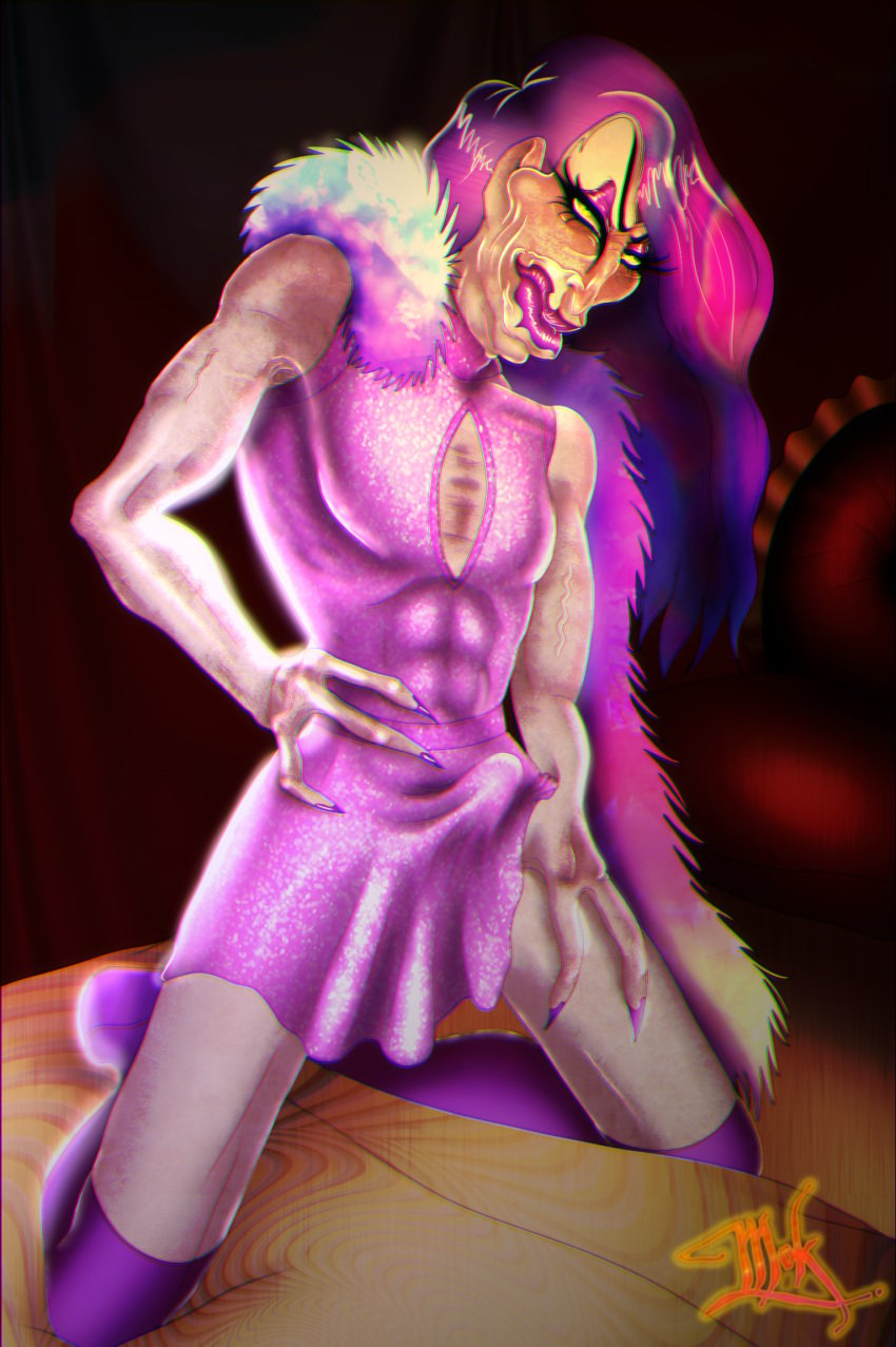 1boy crossdressing male mok_swagger older_male pink_clothing purple_hair rock_and_rule