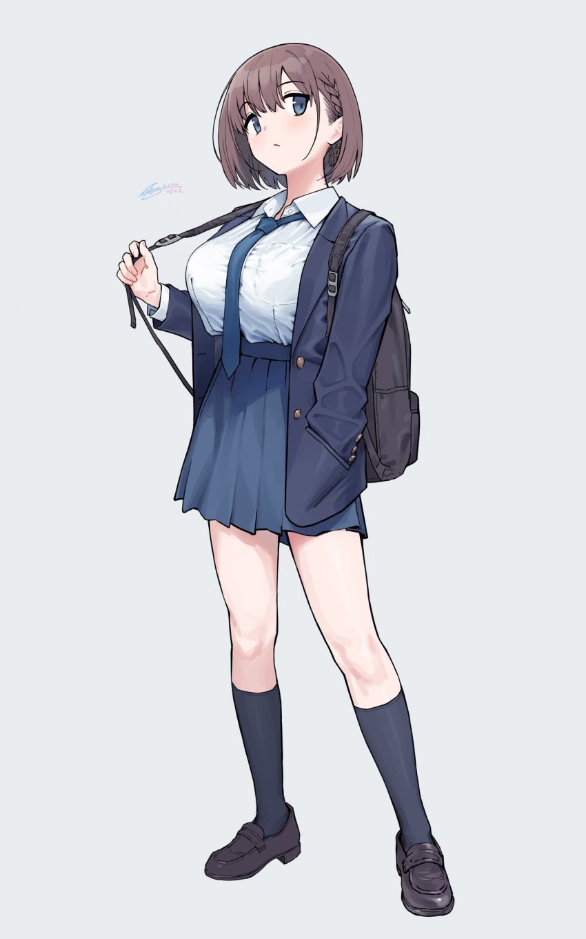 1girls ai-chan_(tawawa) backpack bag black_socks blue_eyes blue_necktie blue_skirt braid breasts brown_hair brown_shoes closed_mouth commentary_request dated full_body getsuyoubi_no_tawawa grey_background highres kaedeko_(kaedelic) large_breasts loafers looking_at_viewer necktie partial_commentary pleated_skirt school_uniform shirt shoes short_hair signature simple_background skirt socks solo white_shirt