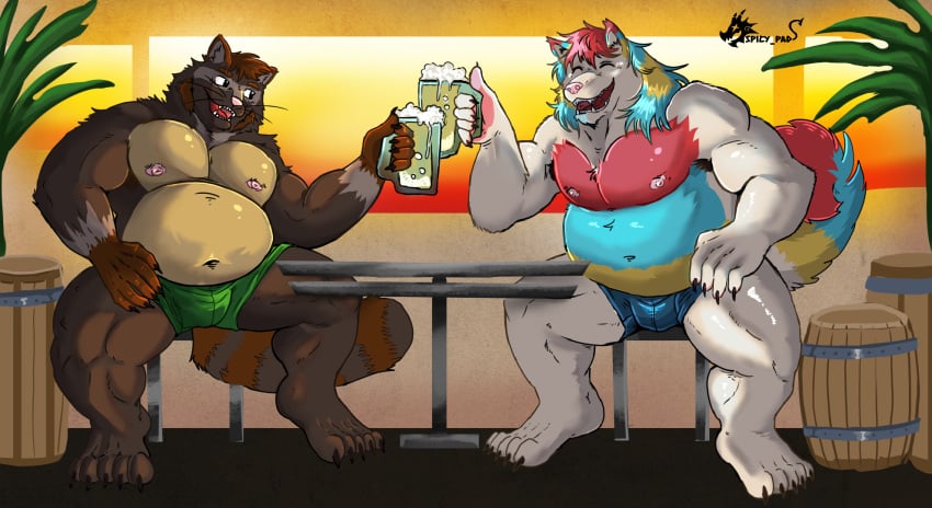 bar bigbelly commissions_open drinking fat fat_male muscles muscular shiba_inu spicypad tanuki