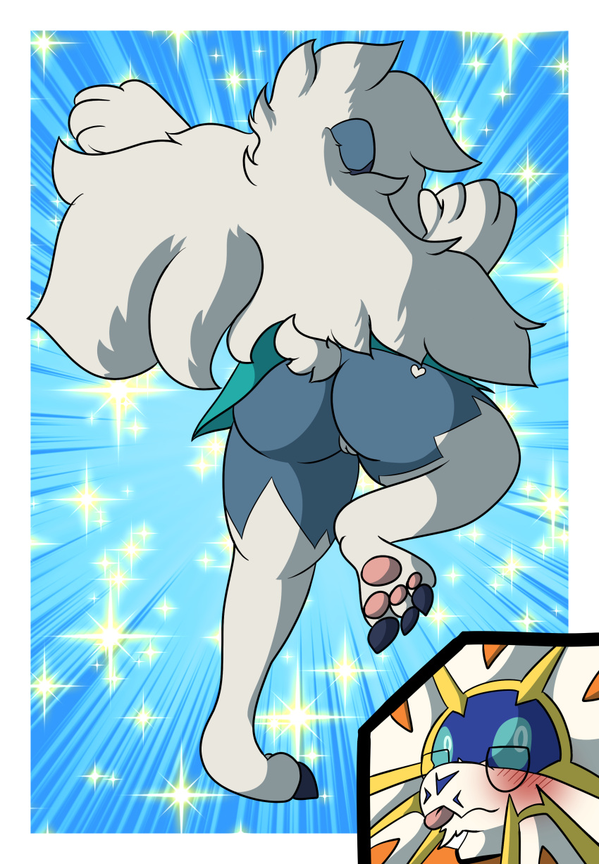 absurd_res ambiguous_gender anthro ass blep blue_body blush duo eyewear female fluffy genitals glasses heart hi_res leg_markings legendary_pokémon lycanroc markings midnight_lycanroc multicolored_body neksu neksu_(pokesona) nintendo pokémon_(species) pokemon pussy rear_view shiny_pokémon socks_(marking) solgaleo solo_focus sparkles tongue tongue_out two_tone_body video_games visor white_body zelena_(thatonevocals)