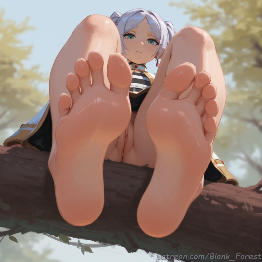 ai_generated artist_name ass bangs barefoot blank_forest blue_eyes blue_sky blurry breasts choker dark_elf dark_skin day earrings elf feet female frieren frieren_beyond_journey&#039;s_end from_below green_eyes grey_hair inverted_nipples jewelry legs long_hair long_sleeves looking_at_viewer lying nipples no_panties on_back outdoors parted_bangs parted_lips pointy_ears pov_feet pussy silver_hair sitting sky smile soles solo sousou_no_frieren teeth thighs toes tree twintails uncensored