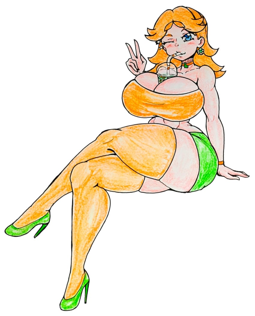 1girls big_breasts blue_eyes blush bottomwear breasts brown_female cleavage clothing feet female female_only full_body gaixas1 green_skirt hands_behind_head huge_breasts legs mario_(series) mature mature_female miniskirt nintendo orange_hair orange_topwear pose princess_daisy skirt smile solo solo_female thick_thighs thighs topwear