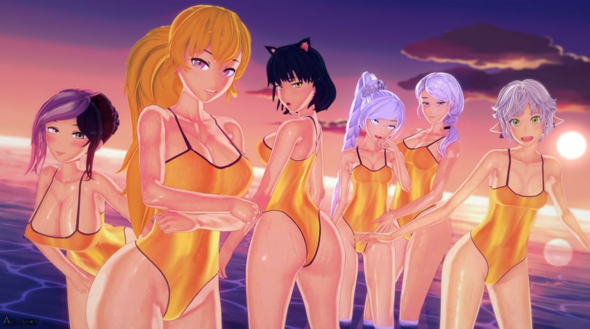 6girls arrancon black_hair black_hair_female blake_belladonna blonde_female blonde_hair blue_eyes cat_ears cleavage faunus fiona_thyme golden_swimsuit green_eyes heterochromia milf mother_and_daughter multicolored_hair neo_(rwby) ocean one-piece_swimsuit pose posing purple_eyes rwby weiss_schnee white_hair white_hair_female willow_schnee yang_xiao_long yellow_eyes