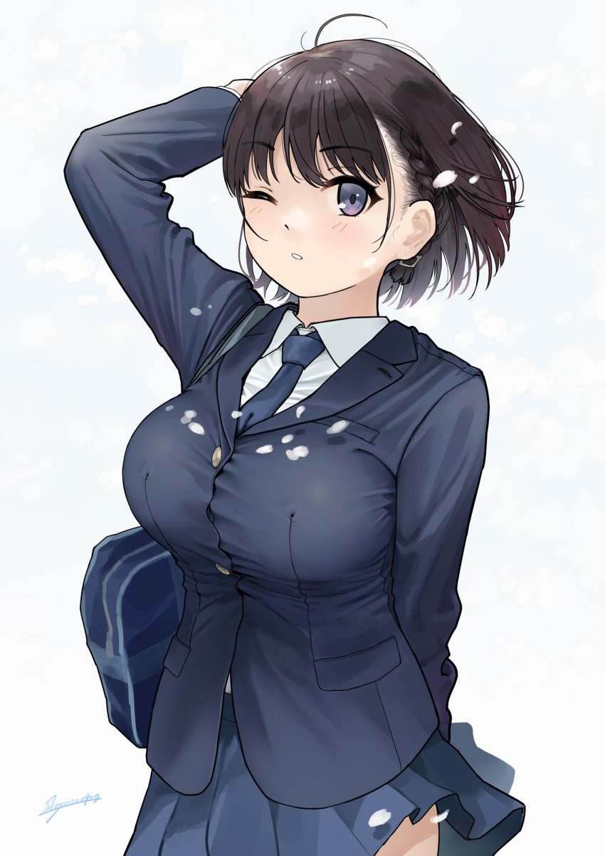 1girls ai-chan_(tawawa) bag blue_necktie blue_skirt blush breasts brown_hair female getsuyoubi_no_tawawa highres kaedeko_(kaedelic) large_breasts long_sleeves looking_at_viewer necktie one_eye_closed pleated_skirt purple_eyes school_bag school_uniform short_hair signature skirt solo