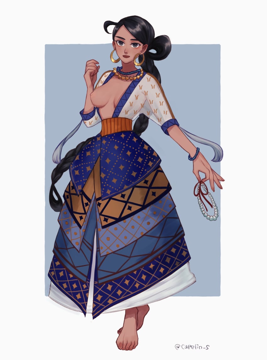 1girls ancient ancient_greece ancient_history black_hair braid breasts breasts_out capelin_s dress europe european greece greek historical history long_hair minoan one_breast_out solo southern_european standing traditional_clothes traditional_clothing