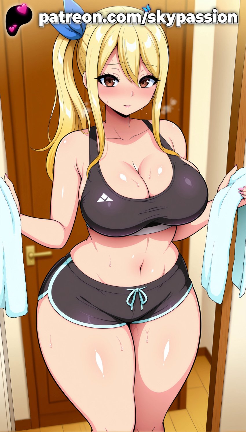 1girls 2025 ai_assisted ai_generated anime artist_name belly big_breasts big_chest black_tank_top blonde_hair blush bra breast breasts bust busty chest cleavage clothed_female curtains curvy fairy_tail fairy_tail_100_years_quest female female_focus female_only hair_ribbon hi_res high_quality high_resolution highres holding holding_towel indoors large_breasts long_hair looking_at_viewer lucy_heartfilia navel patreon patreon_username plastic_bag plump ponytail ribbon shorts sitting skypassion solo sports_bra sports_shorts sports_uniform sportswear stable_diffusion sweat tank_top thick_thighs thighs towel watermark wooden_floor