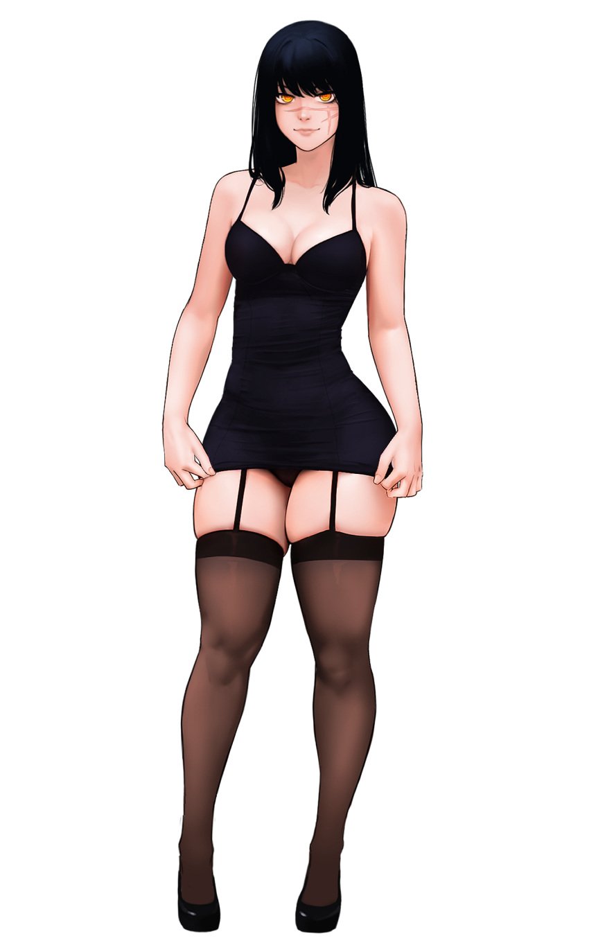 bangs bare_shoulders black_clothes black_dress black_footwear black_hair black_legwear black_panties black_thighhighs black_underwear breasts chainsaw_man cleavage clothing dress female female female_only footwear garter_straps high_heels large_breasts legwear lingerie long_hair looking_at_viewer medium_breasts original panties pantsu ringed_eyes scar scar_on_cheek scar_on_face shaardy shoes short_dress skindentation smile solo spaghetti_strap standing thighhighs thighs underwear yellow_eyes yoru_(chainsaw_man)